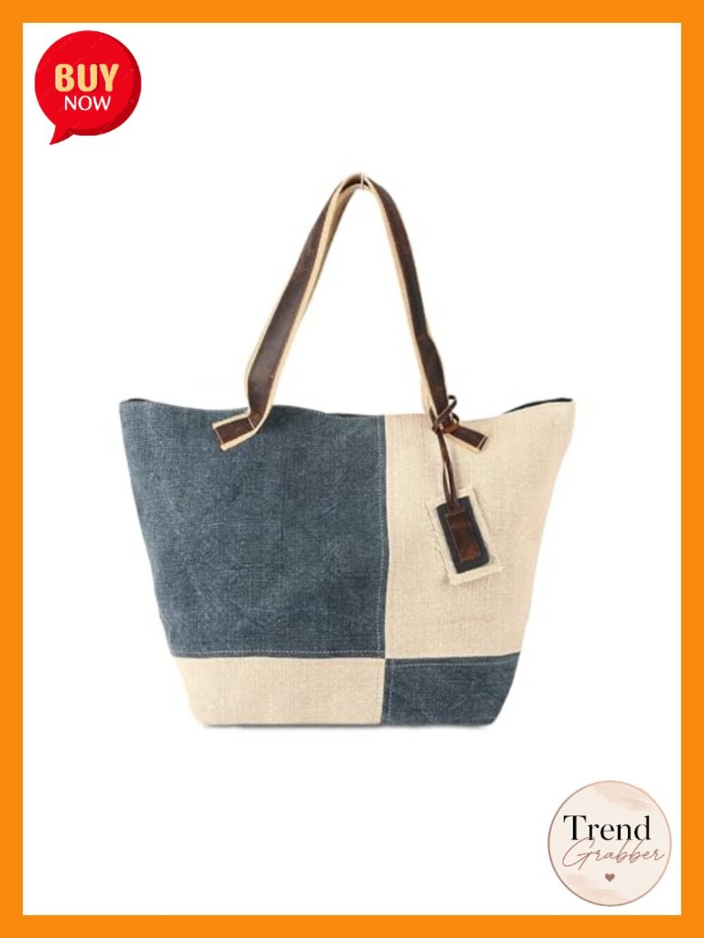 Jute & Leather Canvas Tote Bag Zippered Sustainable Everyday Use